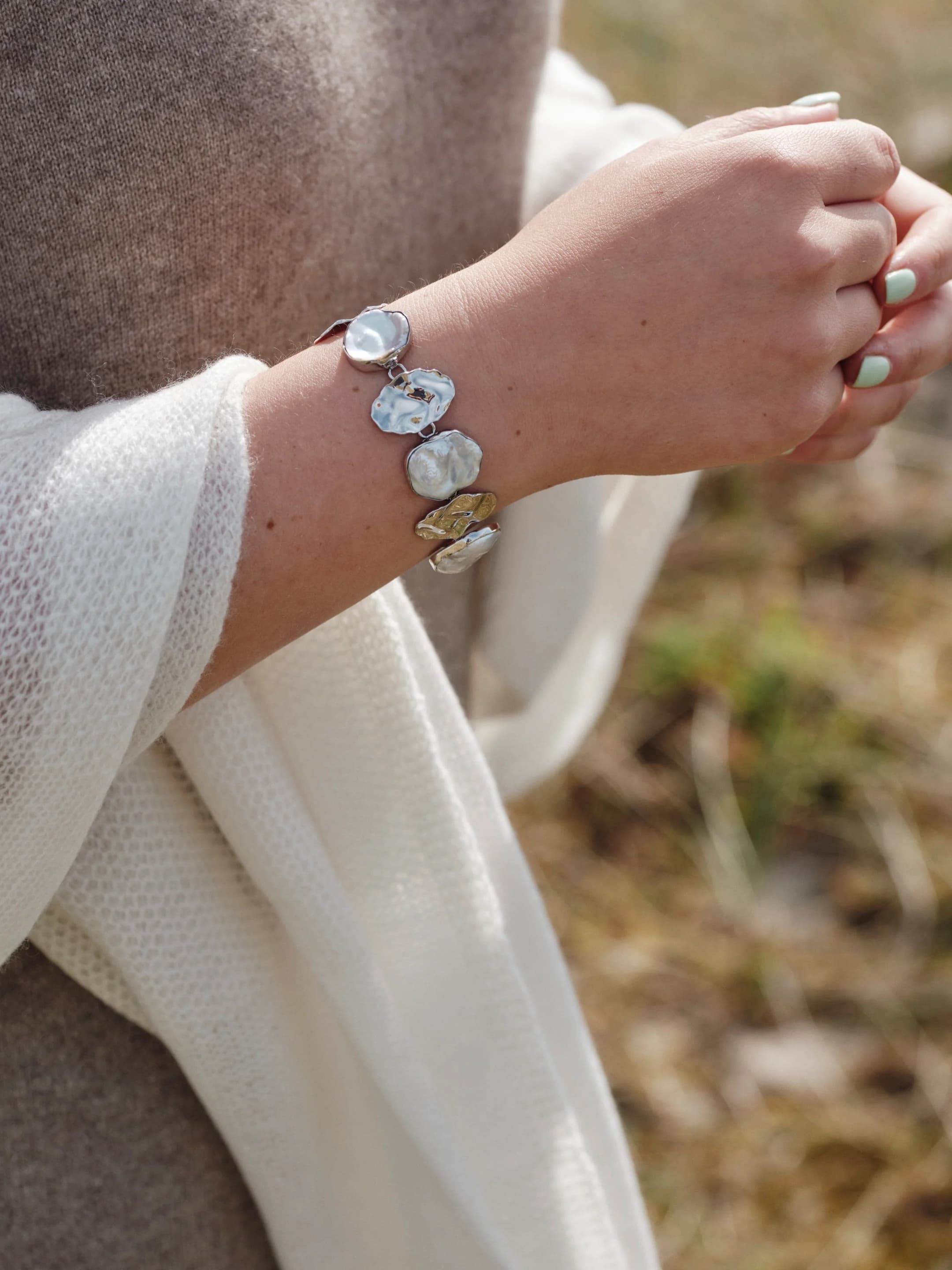 Keshi pearl and silver leaf statement bracelet