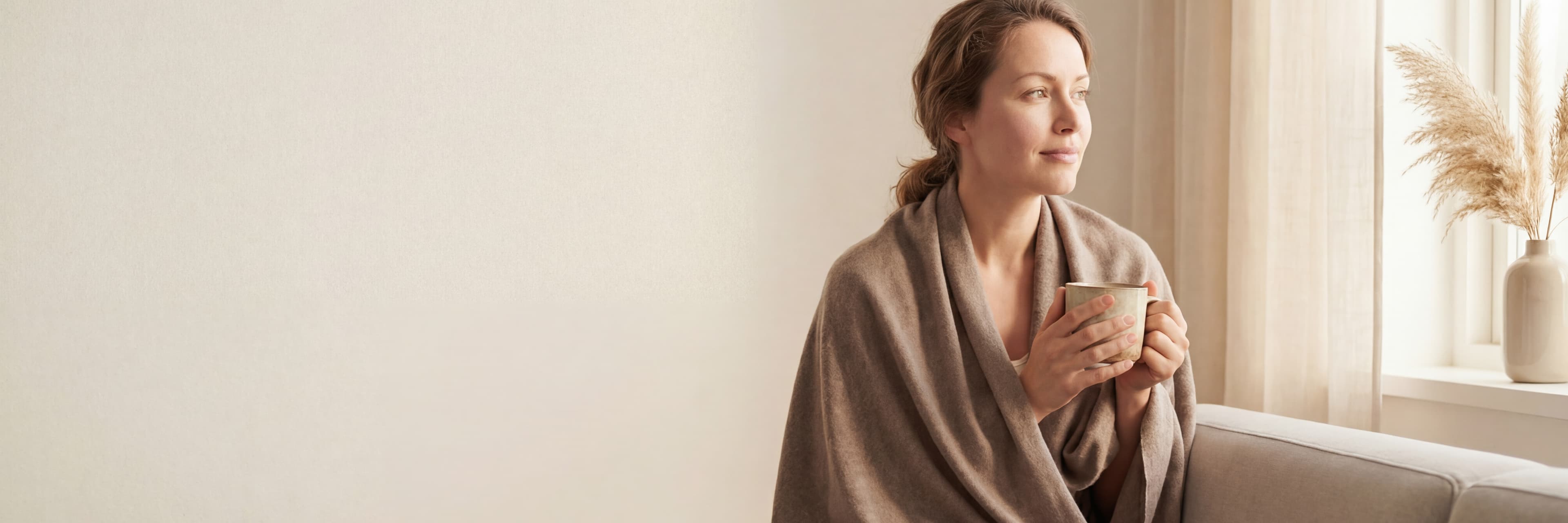 woman sitting on a sofa wrapped in a cashmere blanket holding a mug of tea